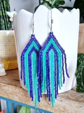 BOGO EARRINGS - Blue & Teal Beaded Fringe Earrings — Handmade Statement